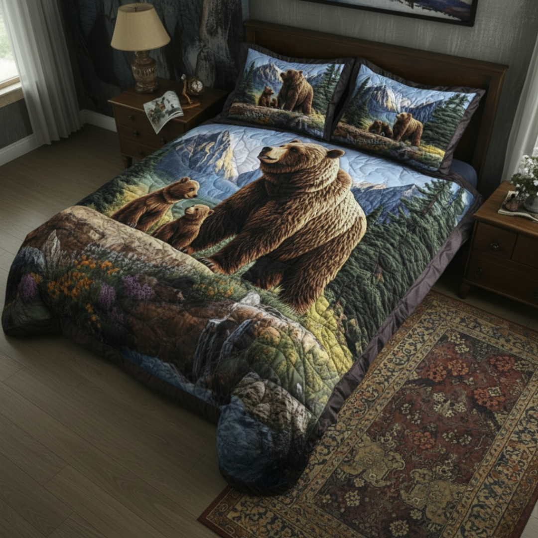 Bear With Cubs 3-Piece Quilted Bedding Set