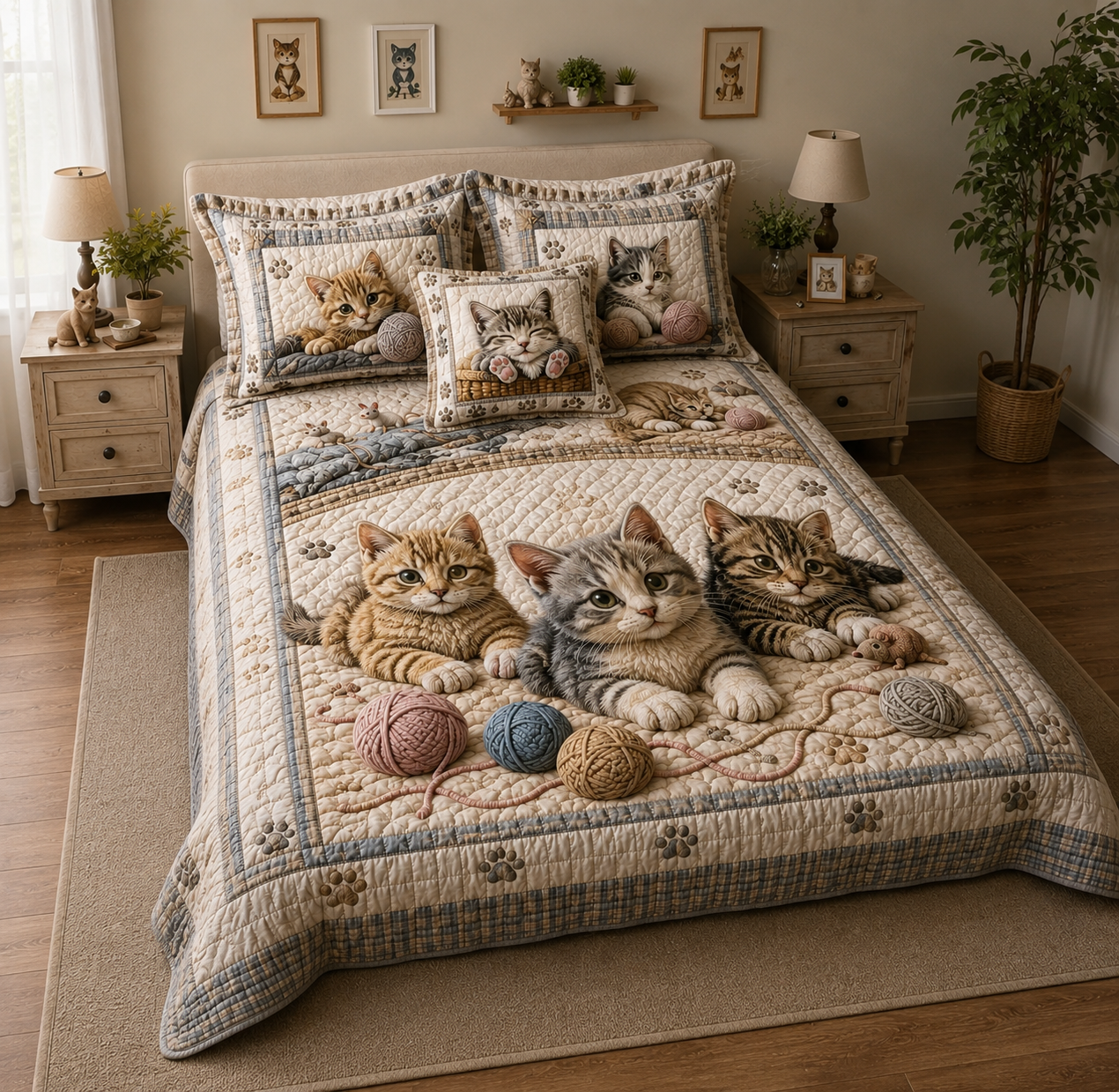Cat 3-Piece Quilted Bedding Set