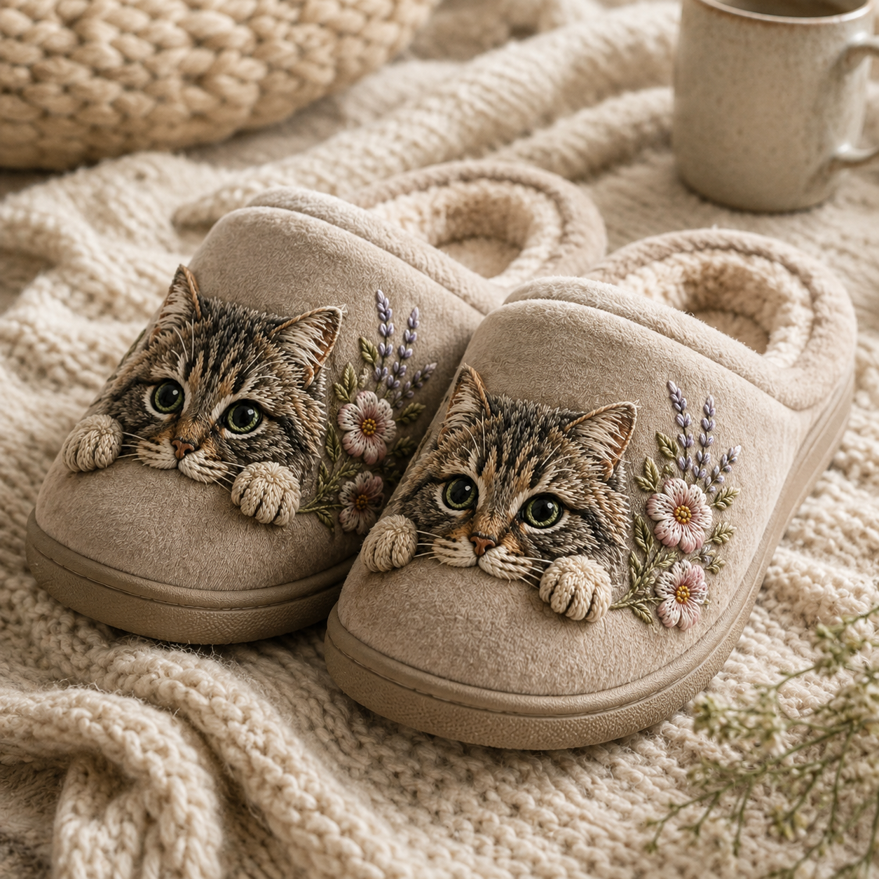 Embroidered Cat Slippers