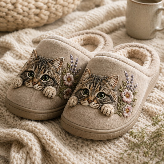 Embroidered Cat Slippers
