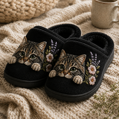 Embroidered Cat Slippers