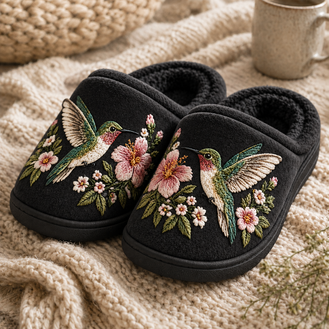 Embroidered Hummingbird Slippers