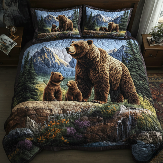 Bear With Cubs 3-Piece Quilted Bedding Set
